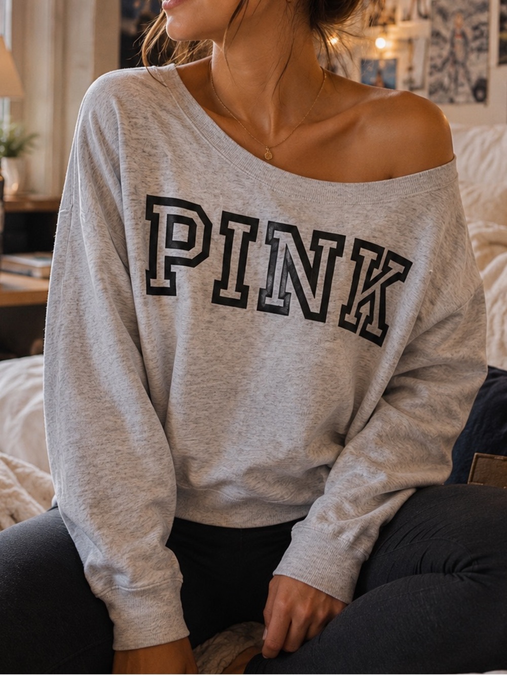 PINK Victoria's Secret Heather Gray Off-Shoulder Campus Sweatshirt Loungewear